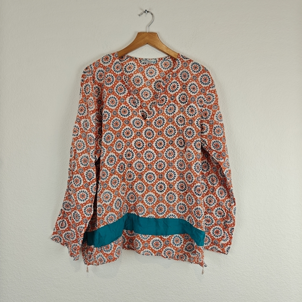 Roberta Roller Rabbit Lightweight Cotton Long Sleeve V-neck Geometric Blouse LG